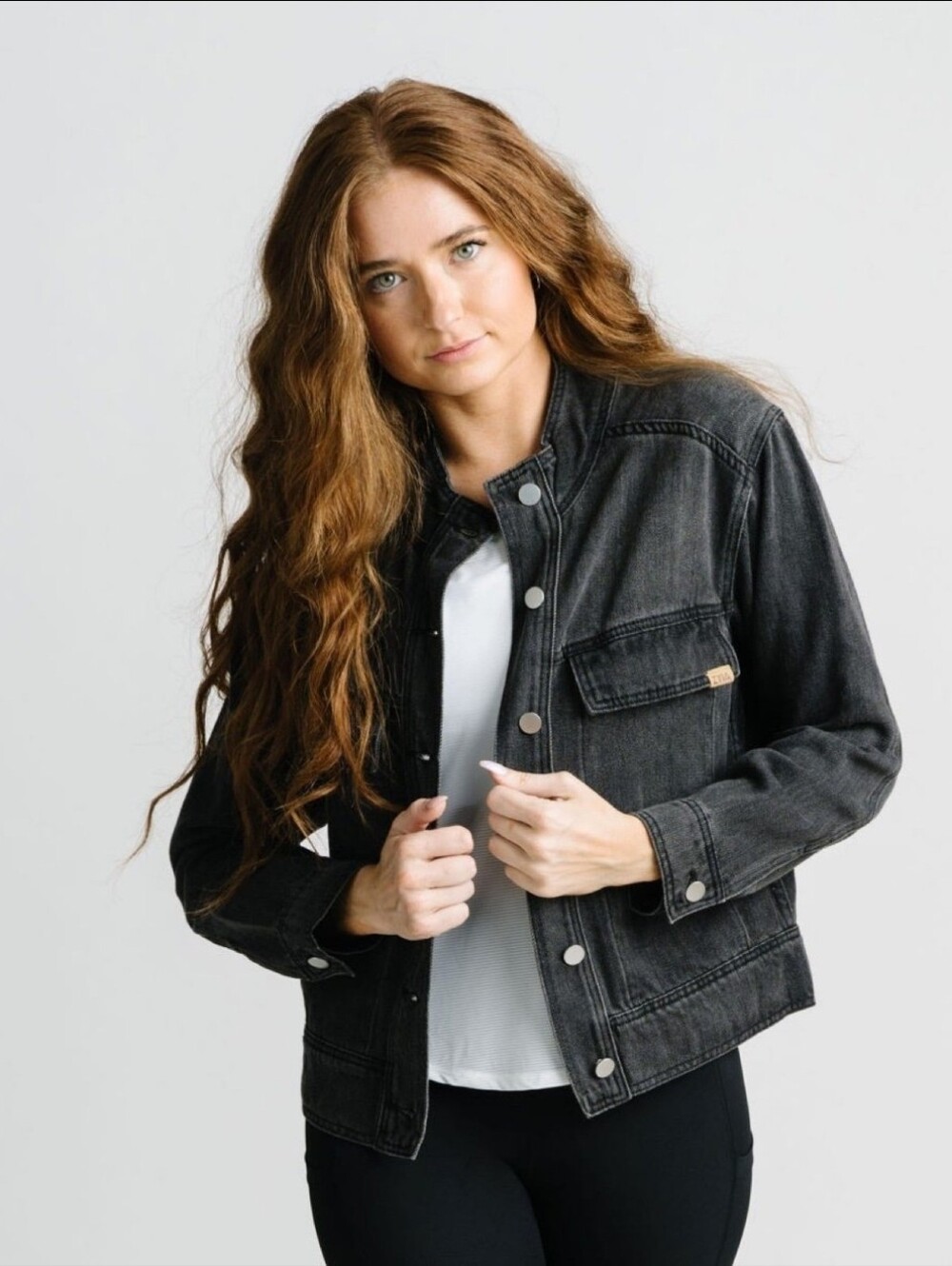 ZYIA Active Black Crossroads Denim Collarless Jacket Women's Size XL